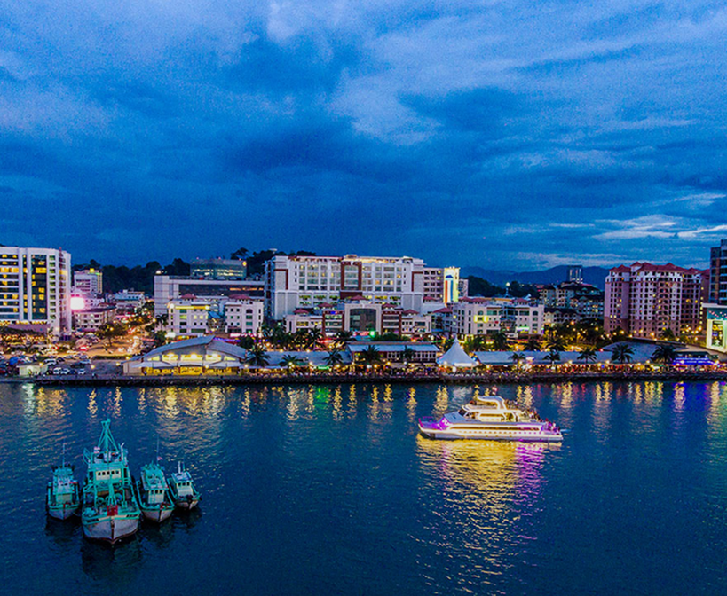 scenic riverside city with buildings along the water